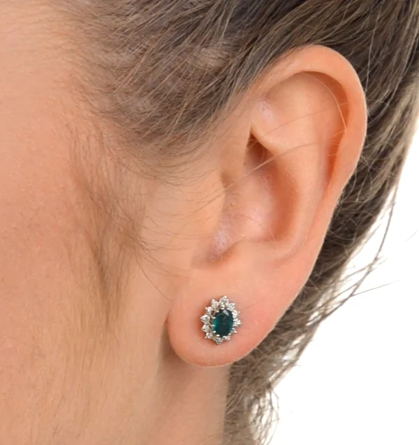 Emerald 6 x 4mm And Diamond Cluster 9K Yellow Gold Earrings B3689 - Image 3