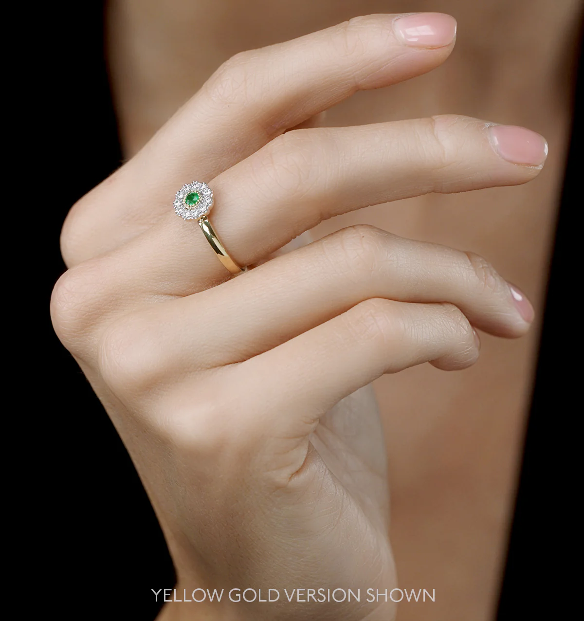 Emerald and Diamond Halo Ring in 18K White Gold - Asteria Collection - Image 2