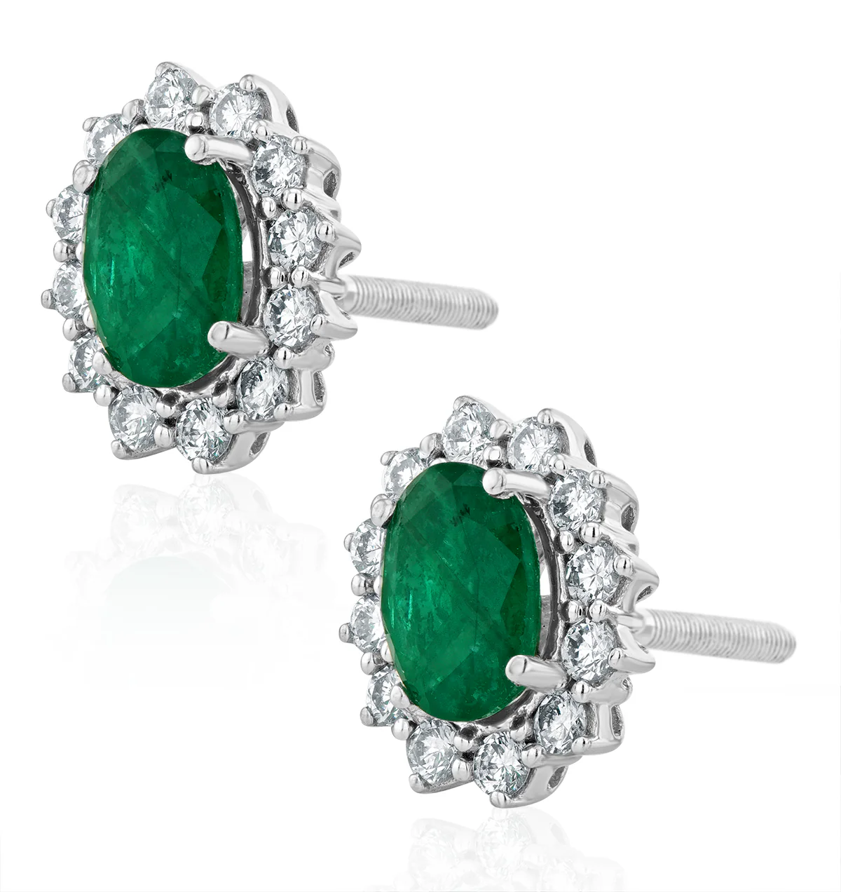 Emerald and Lab Diamond Cluster Earrings 7 x 5mm in 18K White Gold - Image 3