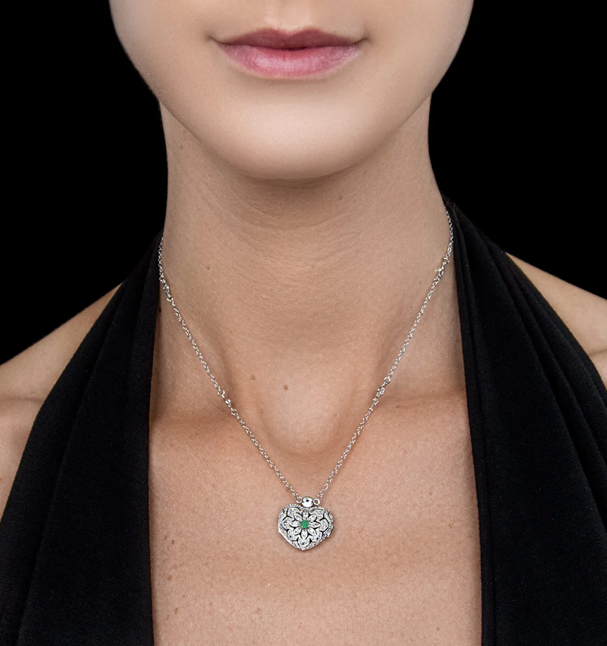 Emerald May Birthstone Vintage Locket Necklace White Topaz in Silver - Image 2