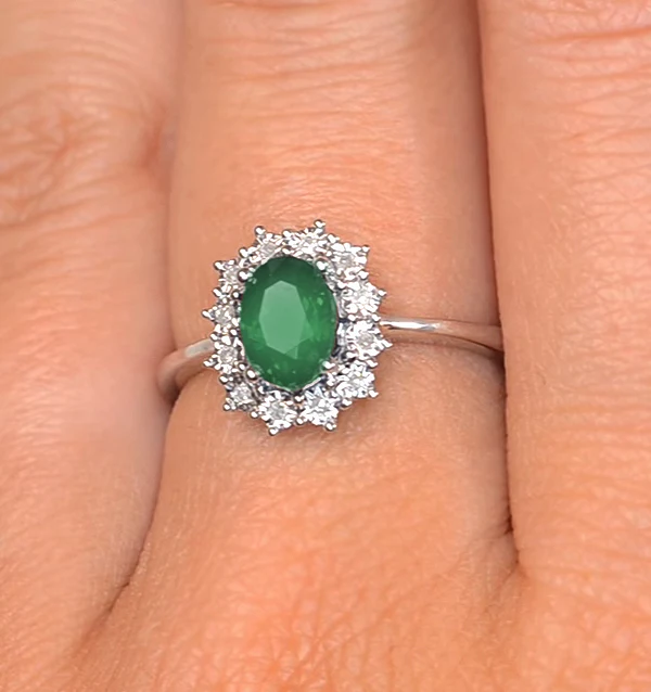 Emerald Ring With Lab Diamond Halo 7 x 5mm Set in 925 Silver - Image 4