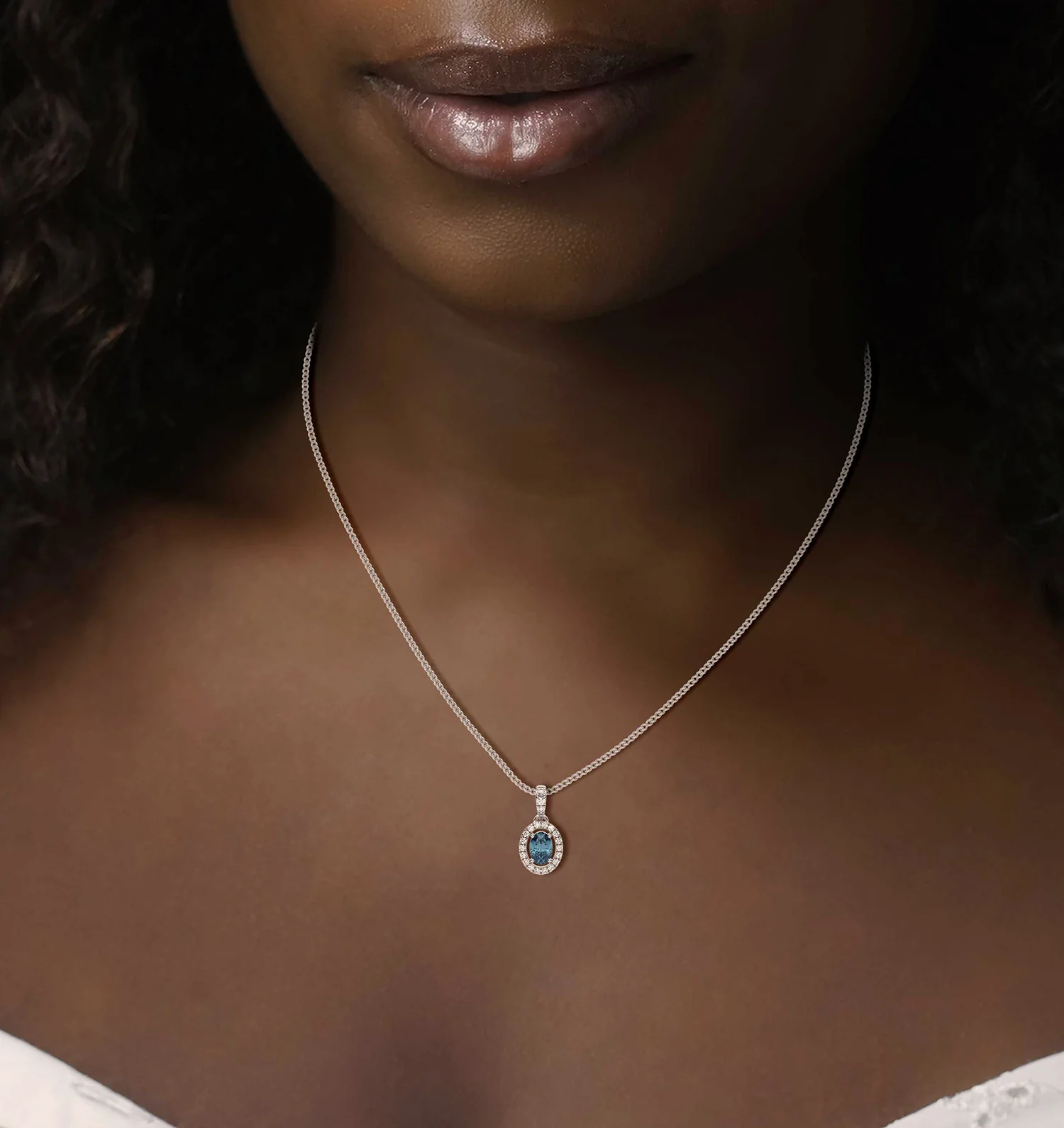 Georgina Blue Lab Diamond Oval Halo Necklace 0.70ct in 18K White Gold - Elara Collection - Image 4