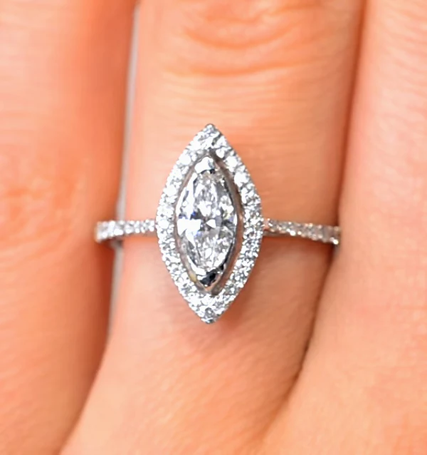 Halo Engagement Ring Ella 0.84ct G/VS Marquise Diamond 18K White Gold - Image 3