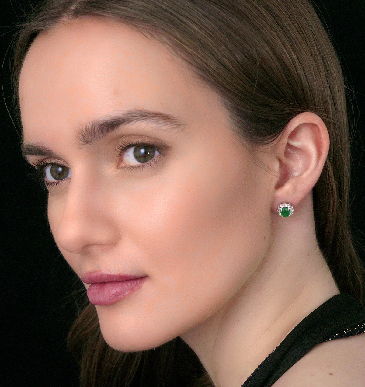 Lab Emerald 7 x 5mm and Lab Diamond Cluster Earrings in 18K White Gold - Image 3