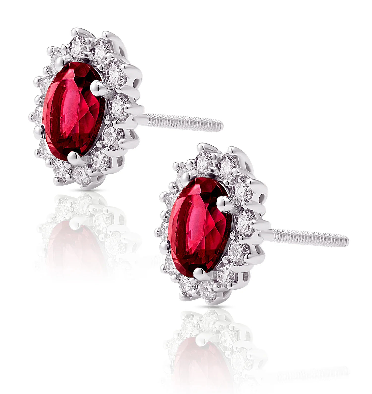 Lab Ruby 7 x 5mm and Lab Diamond Cluster Earrings in 18K White Gold - Image 2
