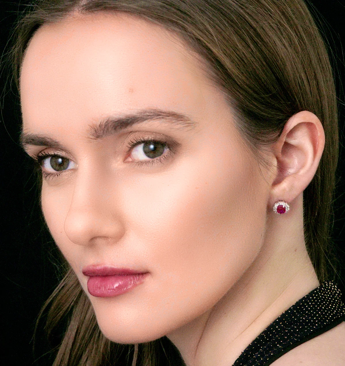 Lab Ruby 7 x 5mm and Lab Diamond Cluster Earrings in 18K White Gold - Image 3