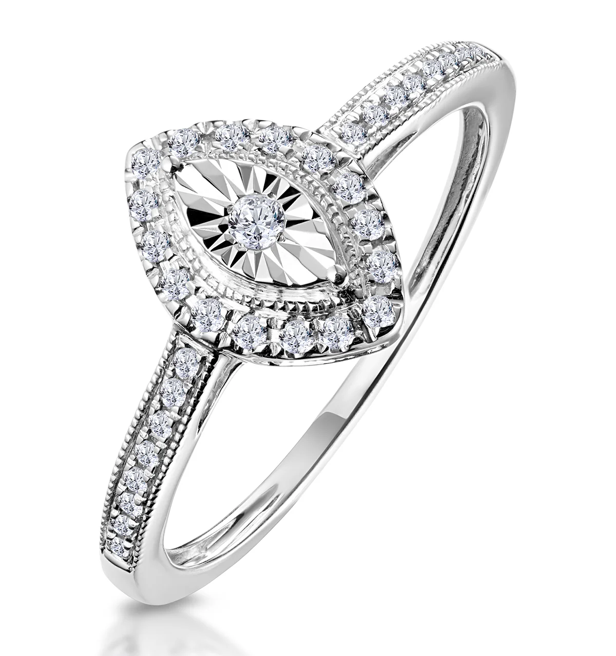 Masami Marquise Diamond Engagement Ring Halo Pave Set in 9K White Gold