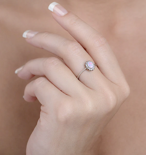 Opal 6 x 4mm And Diamond 9K White Gold Ring - Image 4
