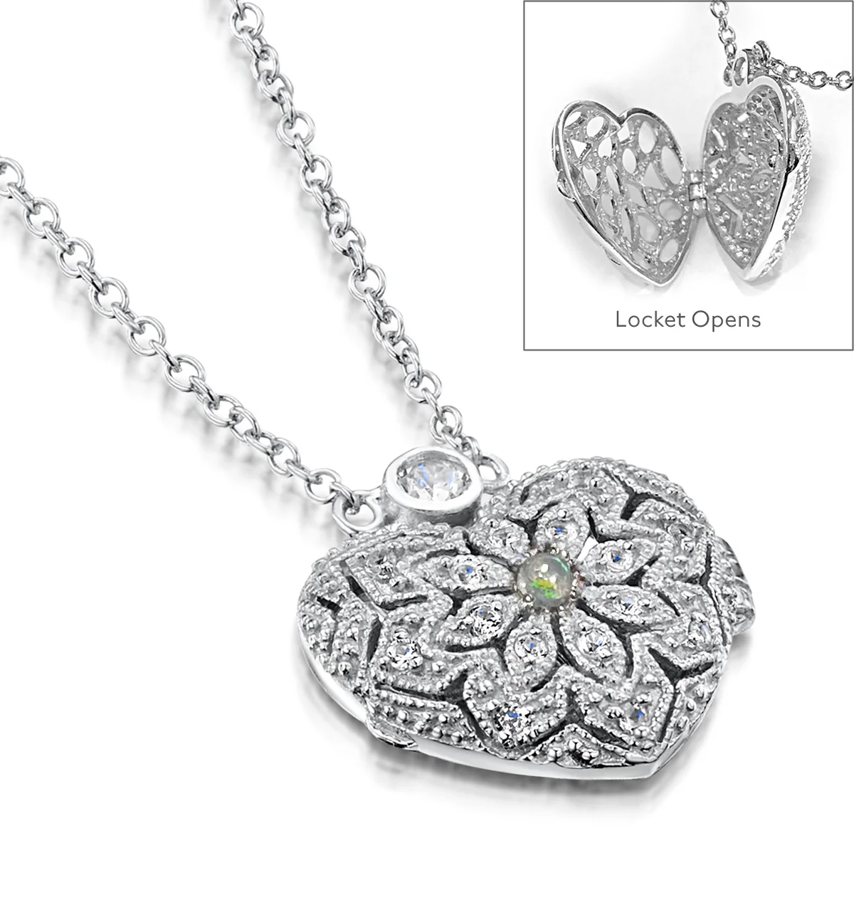 Opal October Birthstone Vintage Locket Necklace White Topaz in Silver - Image 4