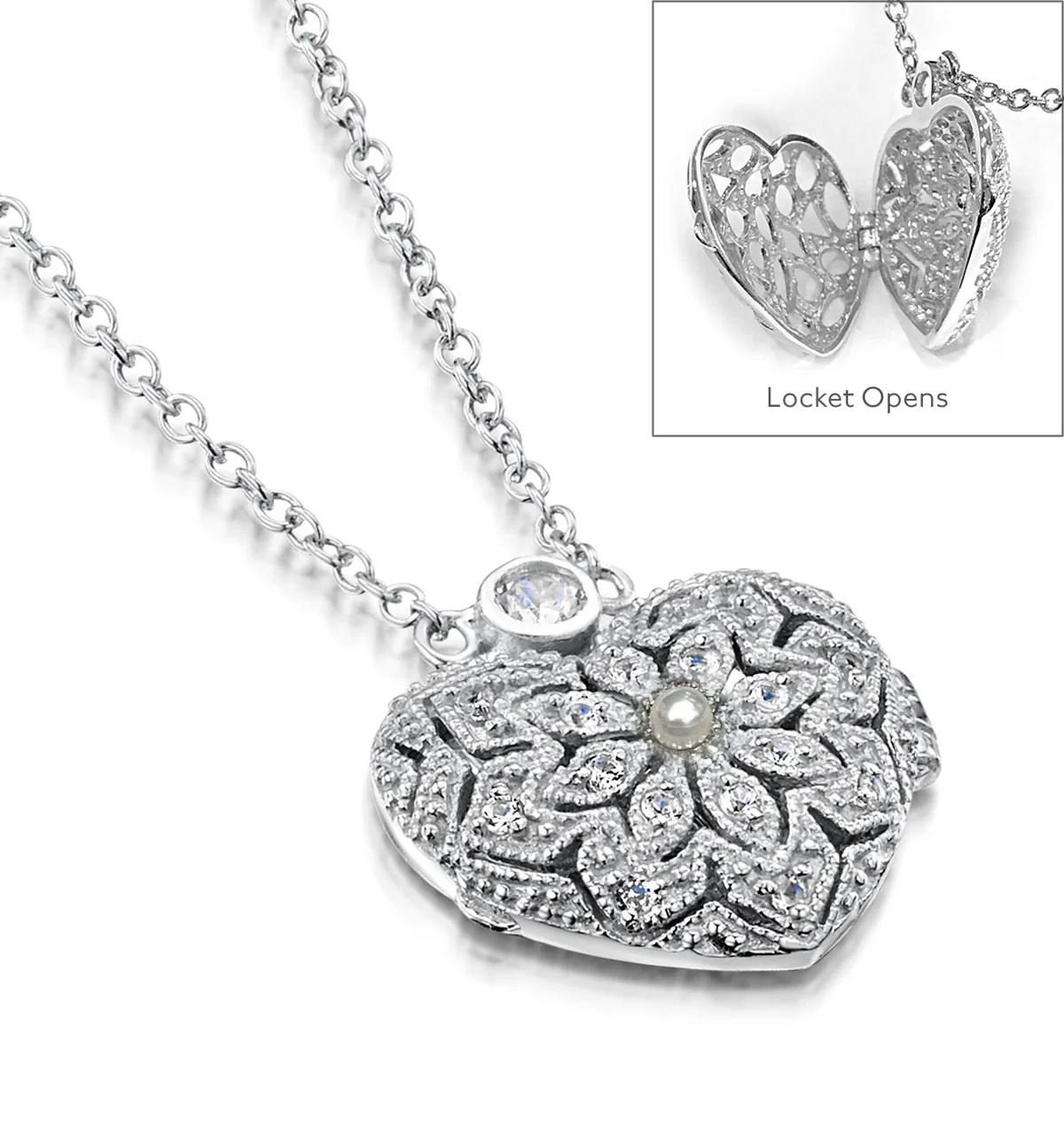 Pearl June Birthstone Vintage Locket Necklace White Topaz in Silver - Image 4