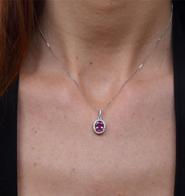 Pink Sapphire 7 X 5mm and Diamond 18K White Gold Pendant Necklace - Image 3