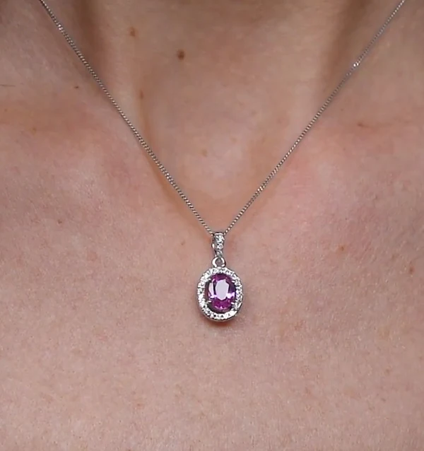 Pink Sapphire 7 X 5mm and Diamond 18K White Gold Pendant Necklace - Image 4