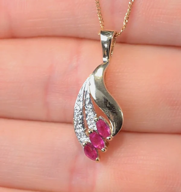 Ruby 4 x 2mm And Diamond 9K Yellow Gold Pendant Necklace - Image 3