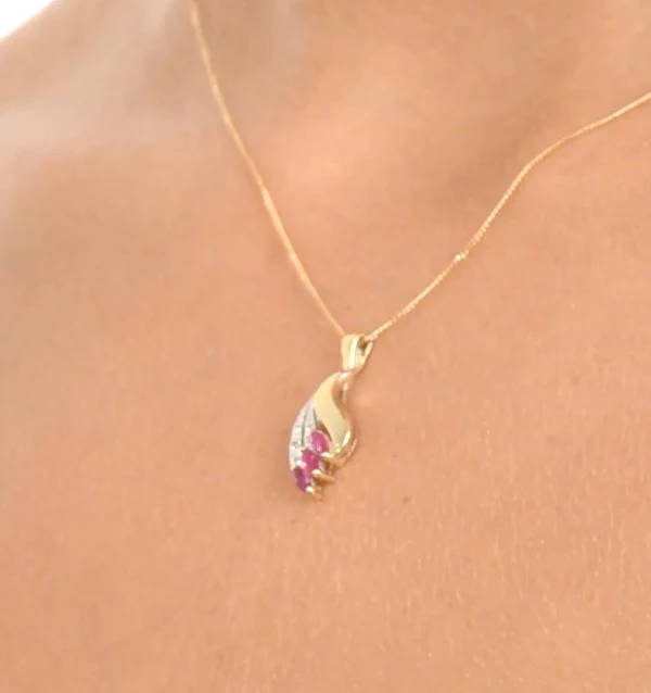 Ruby 4 x 2mm And Diamond 9K Yellow Gold Pendant Necklace - Image 4