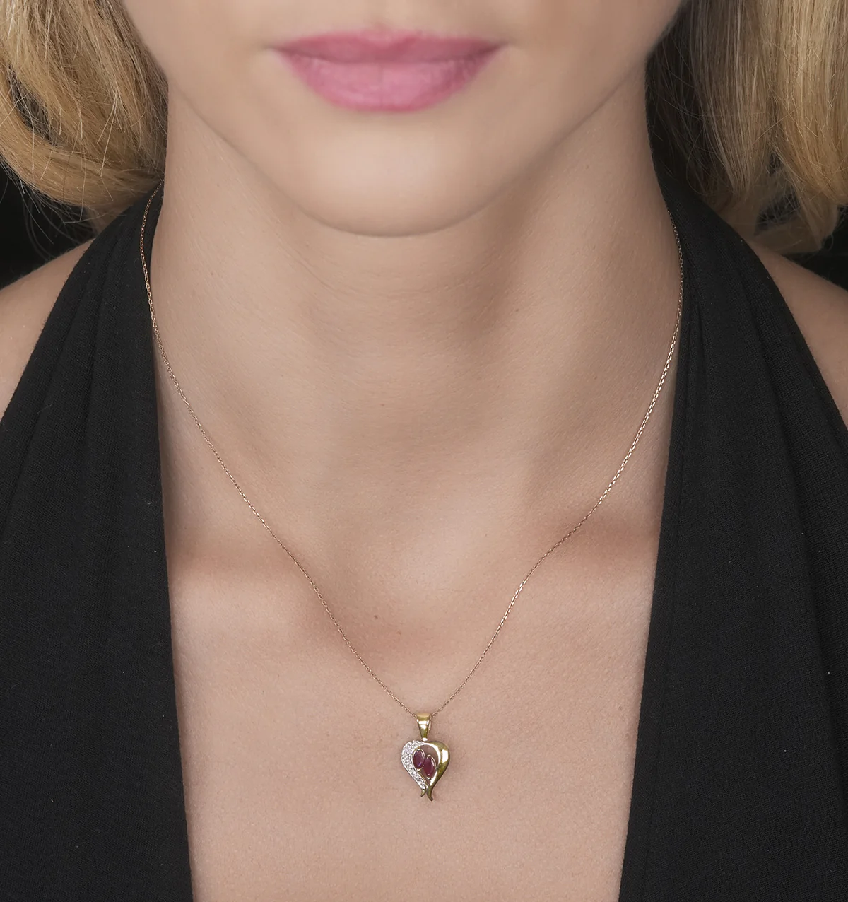 Ruby 5 x 3mm And Diamond 9K Yellow Gold Pendant Necklace - Image 2