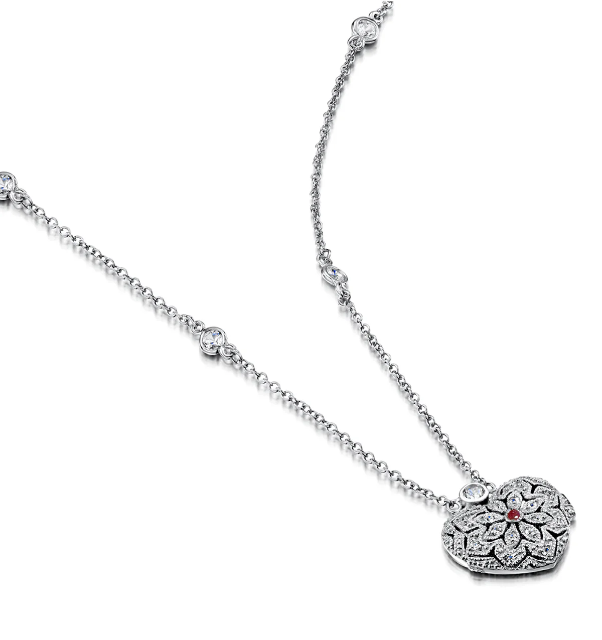 Ruby July Birthstone Vintage Locket Necklace and White Topaz in Silver - Image 3