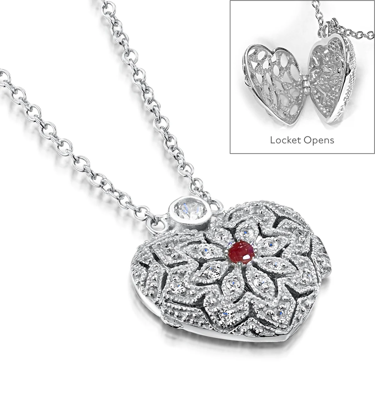 Ruby July Birthstone Vintage Locket Necklace and White Topaz in Silver - Image 4