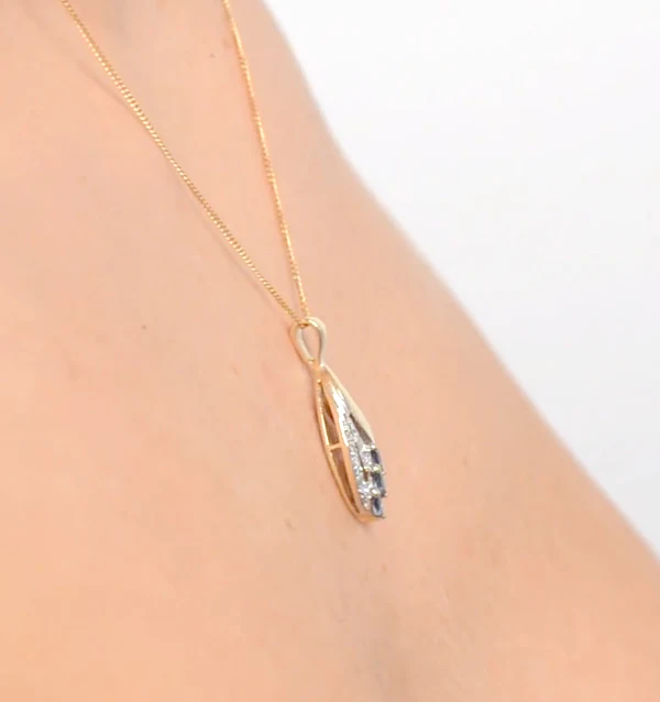 Sapphire 4 x 2mm And Diamond 9K Yellow Gold Pendant Necklace - Image 3