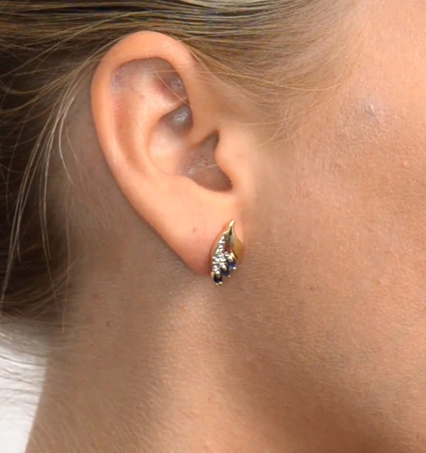 Sapphire 4mm x 2mm And Diamond 9K Yellow Gold Earrings - Image 3
