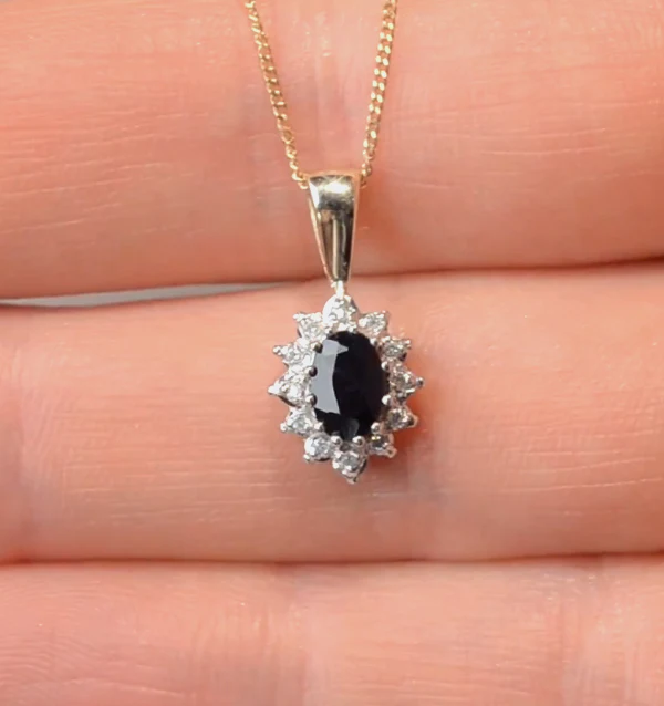 Sapphire 6 x 4mm And Diamond 9K Yellow Gold Pendant Necklace - Image 4