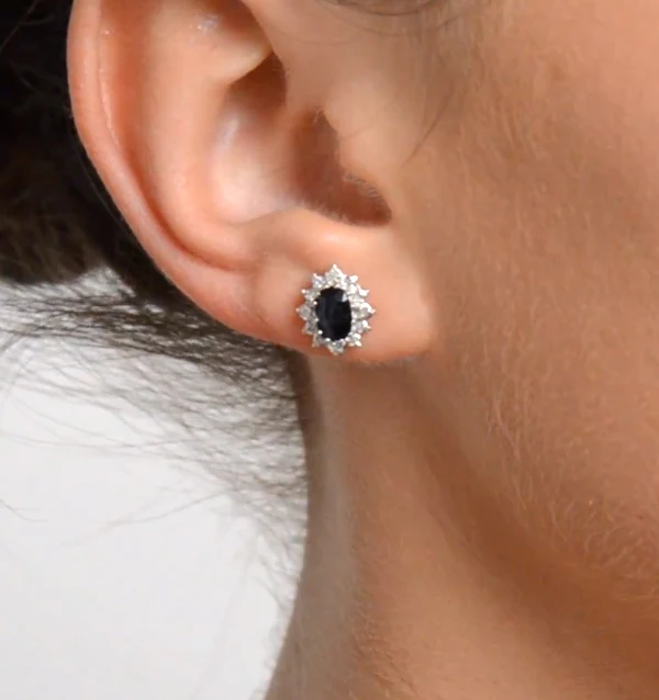 Sapphire 6mm x 4mm And Diamond Cluster 9K Yellow Gold Earrings - Image 6