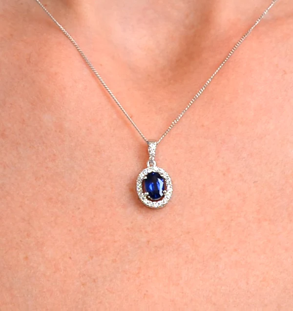 Sapphire 7 x 5mm And Diamond 18K White Gold Pendant Necklace - Image 3