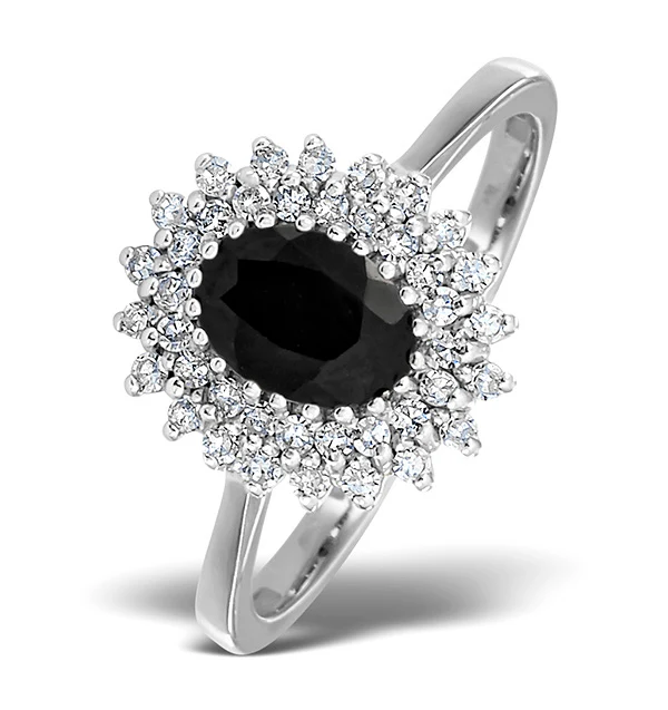 Sapphire 7 x 5mm And Diamond 18K White Gold Ring FET35-UY