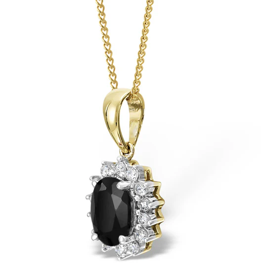 Sapphire 7 x 5mm And Diamond 18K Yellow Gold Pendant Necklace - Image 2