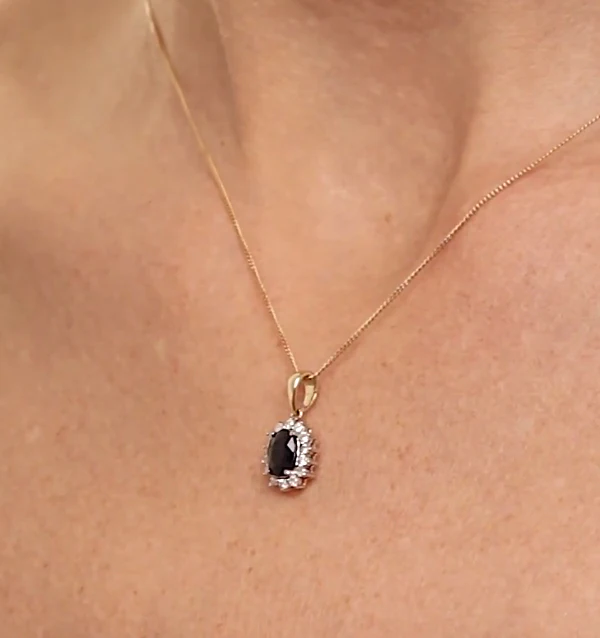 Sapphire 7 x 5mm And Diamond 18K Yellow Gold Pendant Necklace - Image 3