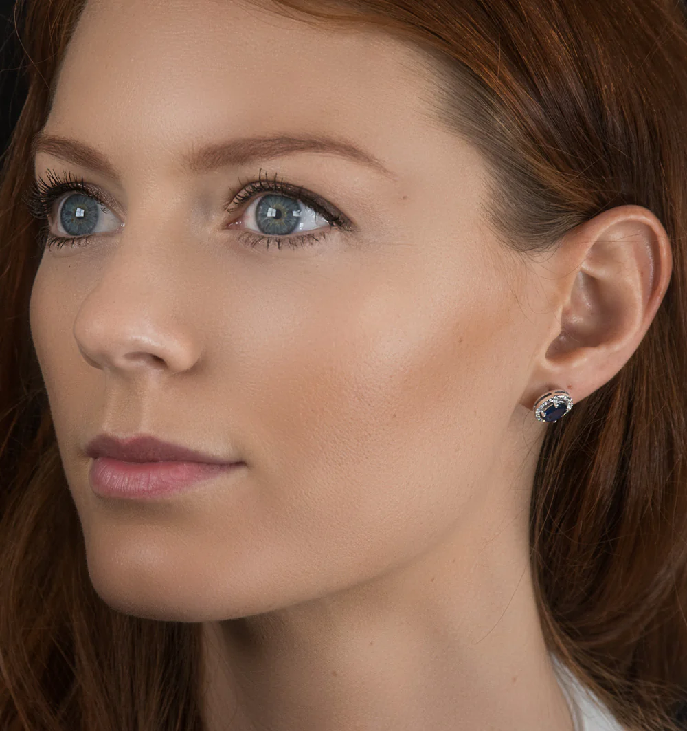 Sapphire 7mm x 5mm And Diamond 18K White Gold Earrings - Image 3