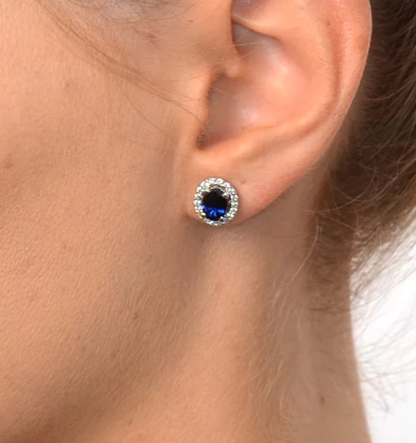 Sapphire 7mm x 5mm And Diamond 18K White Gold Earrings - Image 4