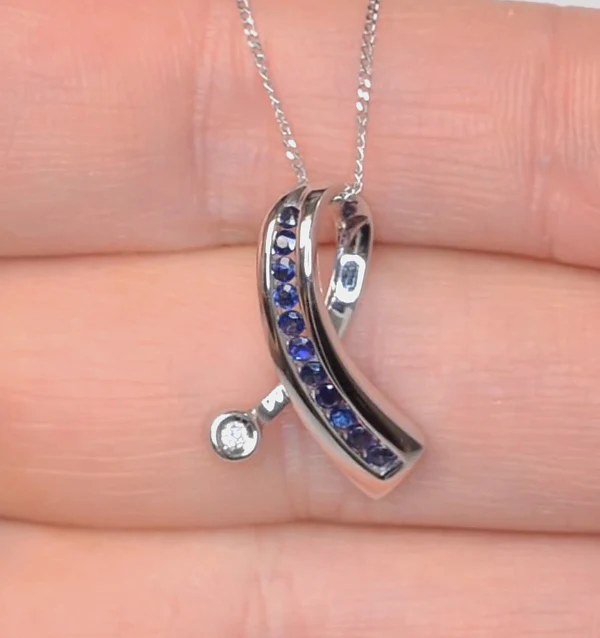 Sapphire And 0.02CT Diamond Ribbon Pendant Necklace 9K White Gold - Image 3