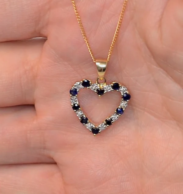 Sapphire And 0.03CT Diamond Heart Pendant Necklace 9K Yellow Gold - Image 4