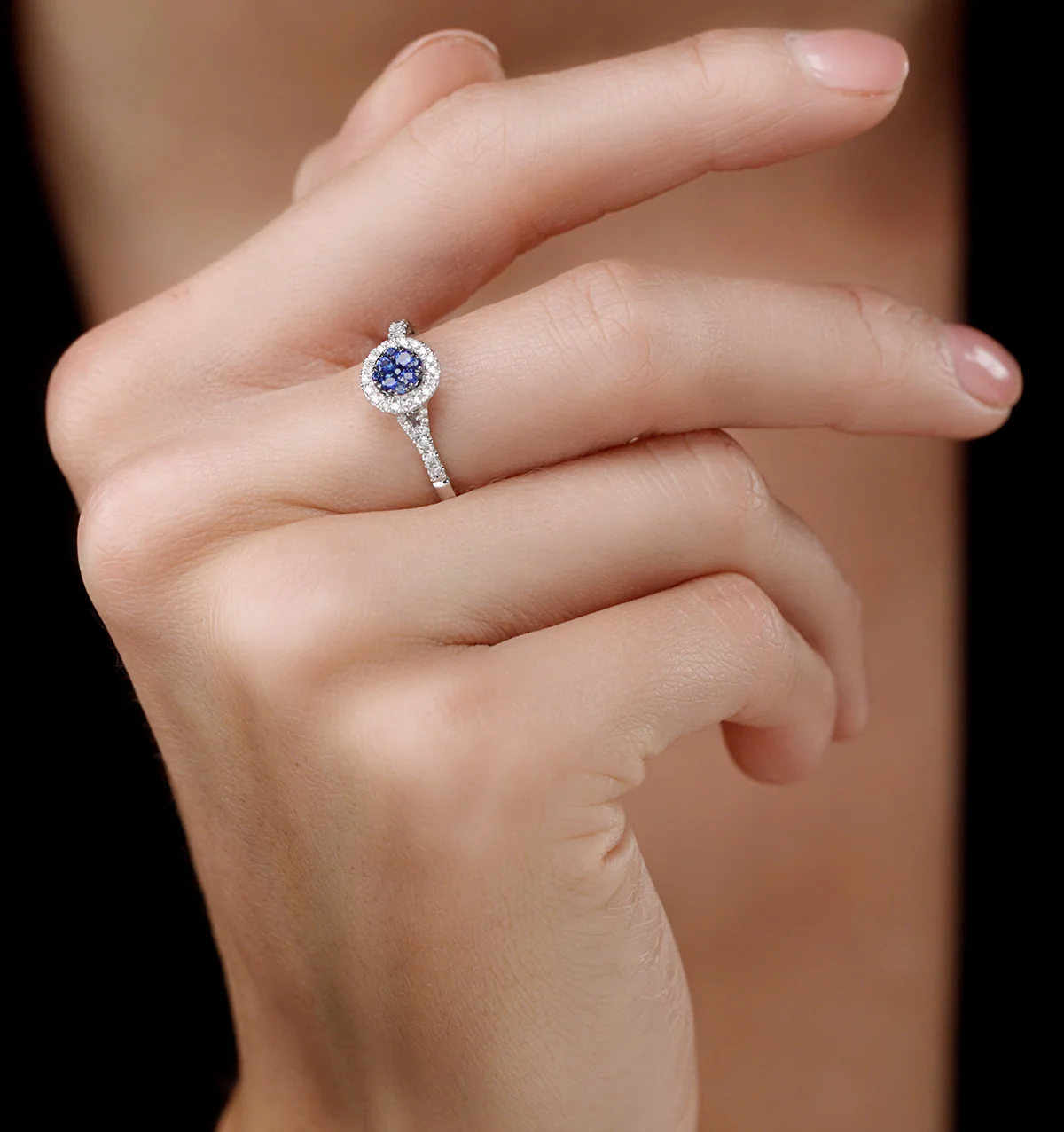 Sapphire and Lab Diamond Halo Circle Ring 9KW Gold - Asteria - Image 2