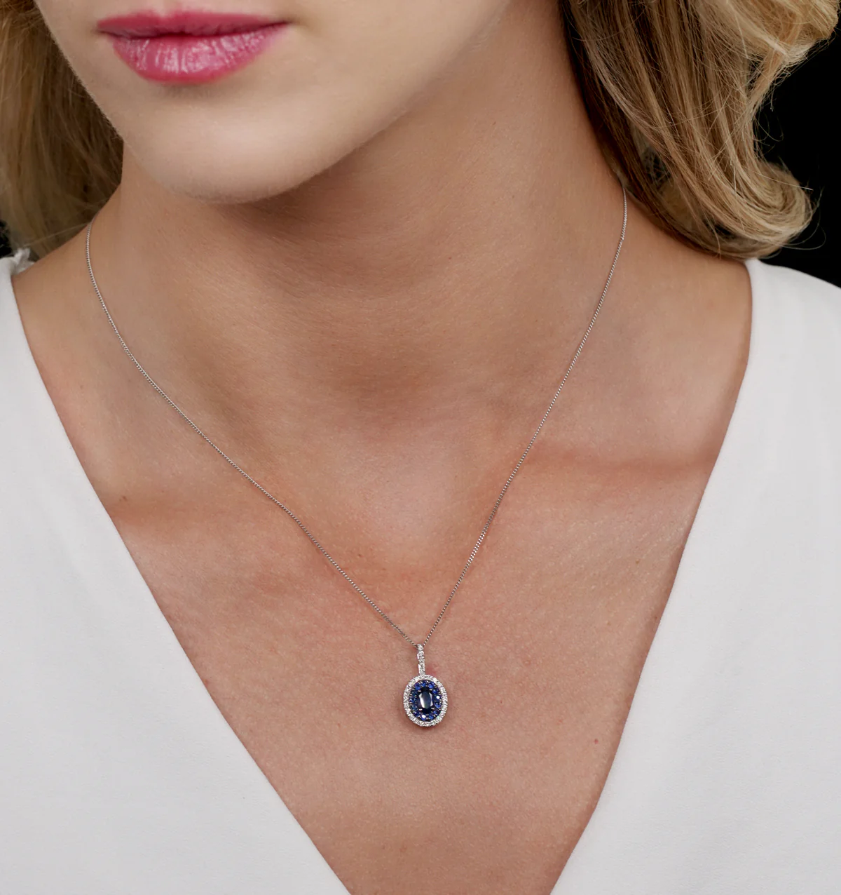 Sapphire and Lab Diamond Oval Halo Necklace 9KW Gold Asteria - Image 2
