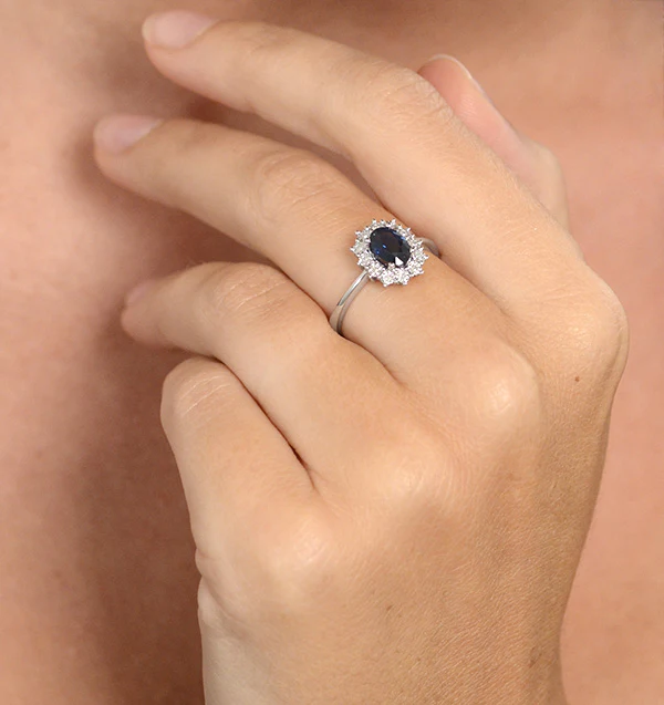 Sapphire Ring With Lab Diamond Halo 7 x 5mm Set in 925 Silver - Image 3