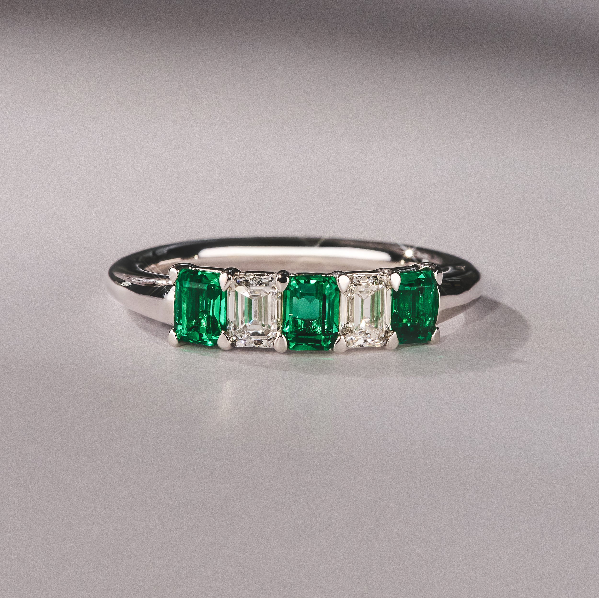 Solene 0.75ct Emerald Cut Lab Emerald and  Lab Diamond Half Eternity Ring in 18K White Gold - Image 6