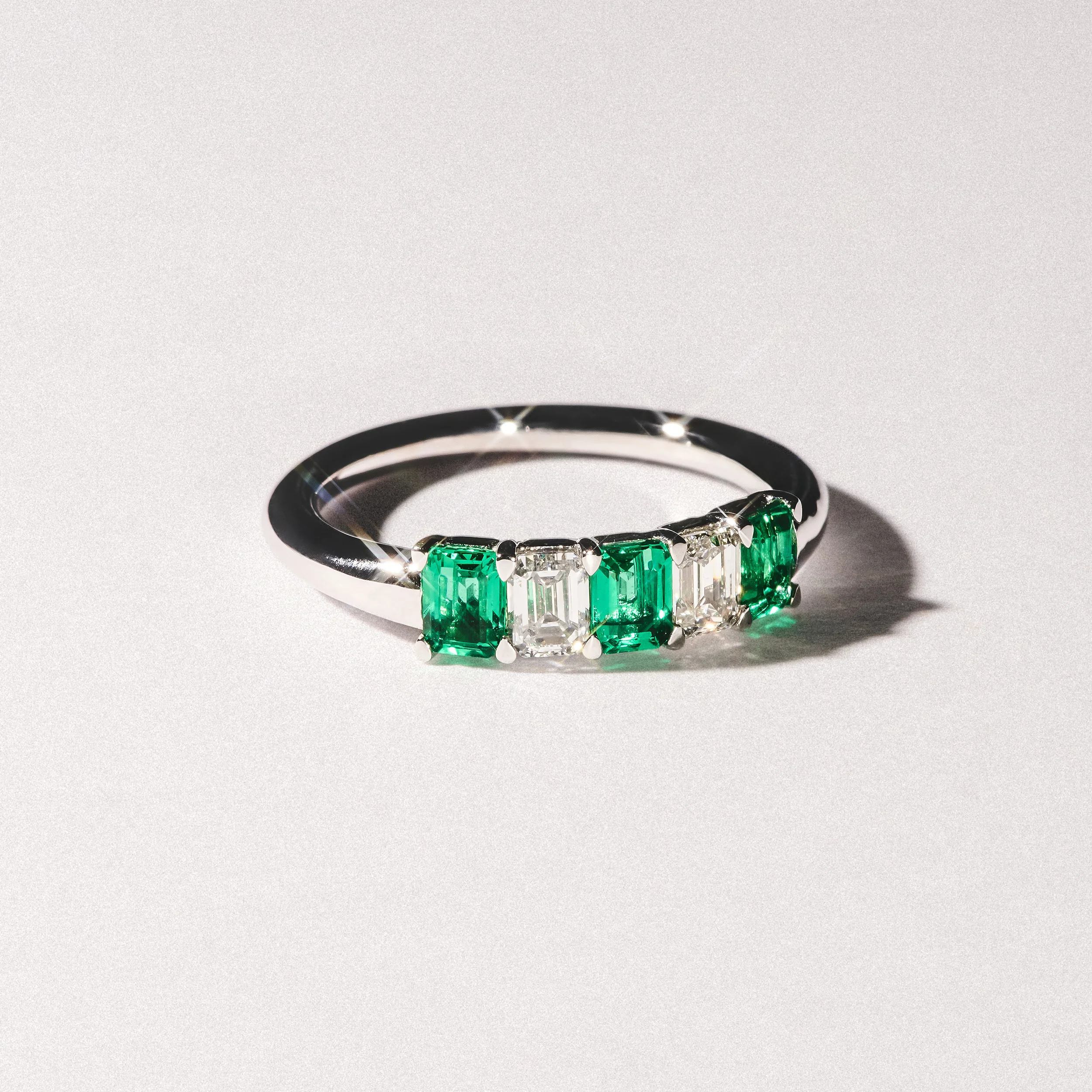 Solene 0.75ct Emerald Cut Lab Emerald and  Lab Diamond Half Eternity Ring in 18K White Gold - Image 8