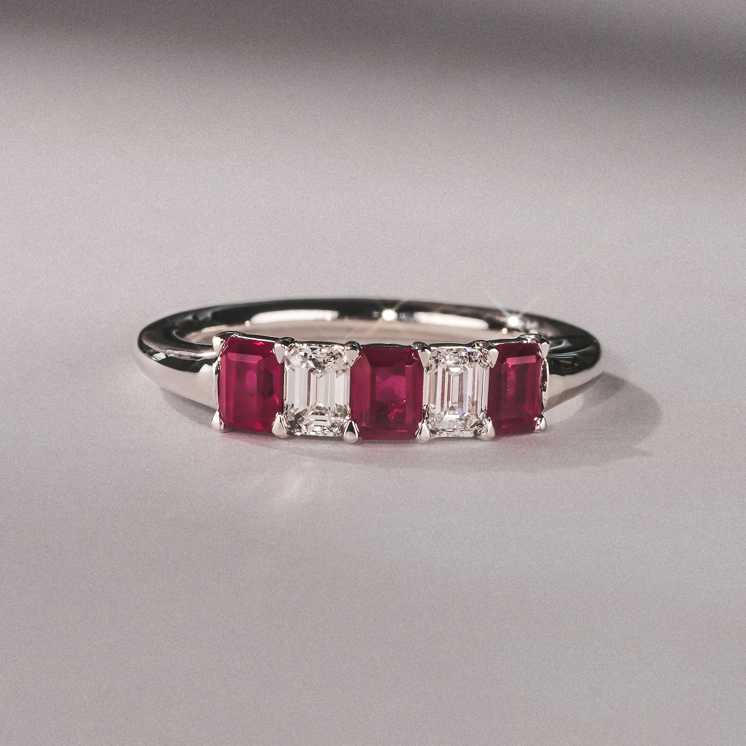 Solene 0.75ct Emerald Cut Lab Ruby and Lab Diamond Half Band Eternity Ring in 18K White Gold - Image 6