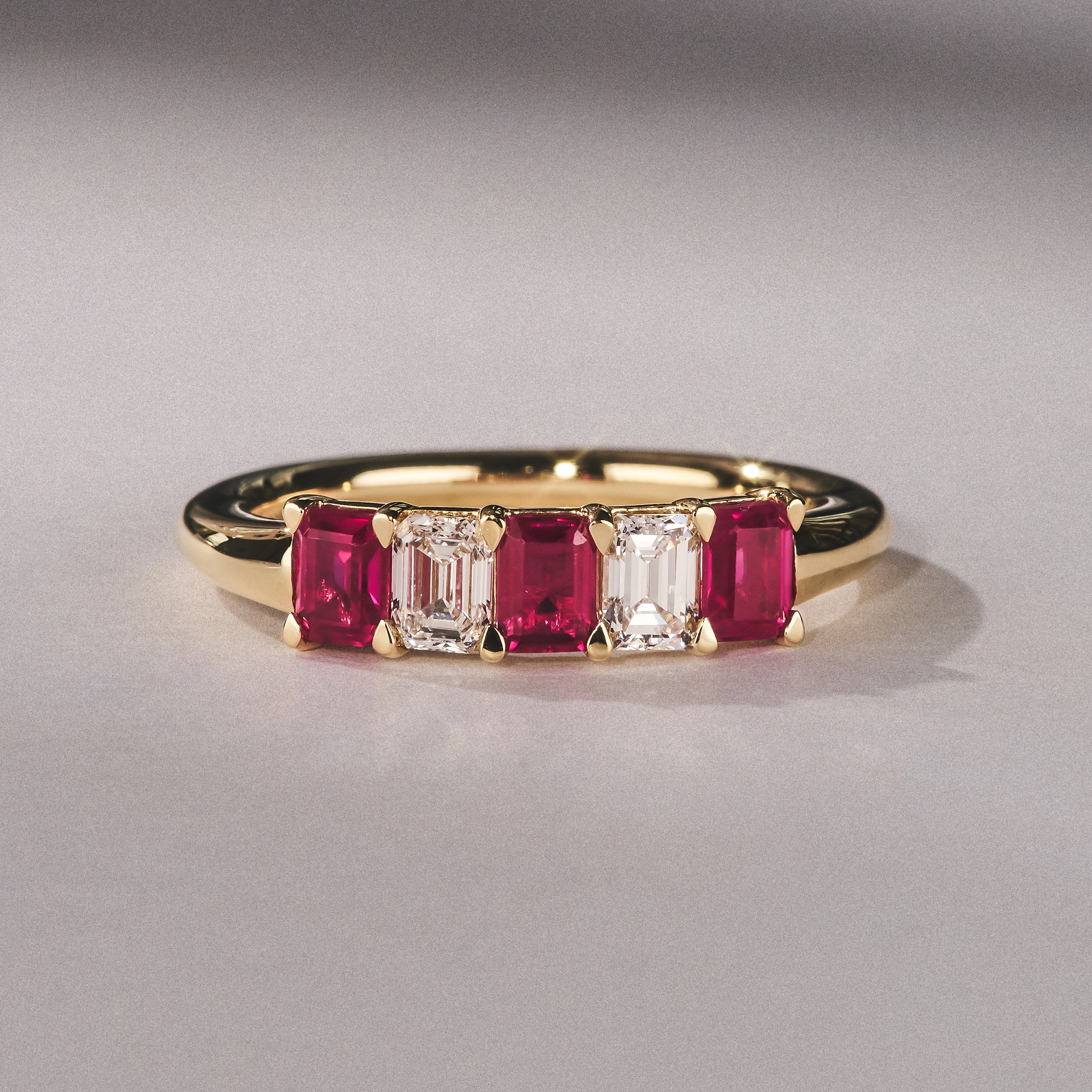 Solene 0.75ct Emerald Cut Lab Ruby and Lab Diamond Half Eternity Ring in 18K Yellow Gold - Image 6
