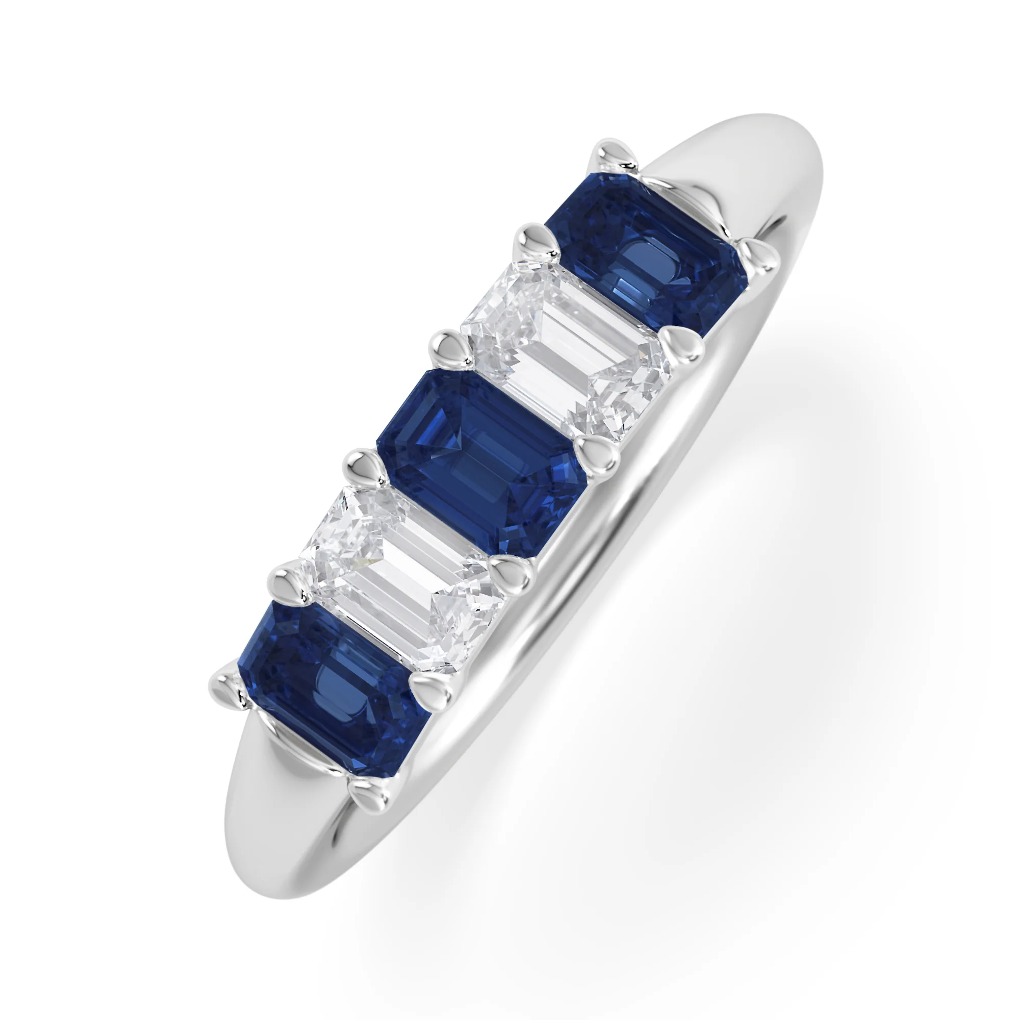 Solene 0.75ct Emerald Cut Lab Sapphire and Lab Diamond Half Band Eternity Ring in 18K White Gold
