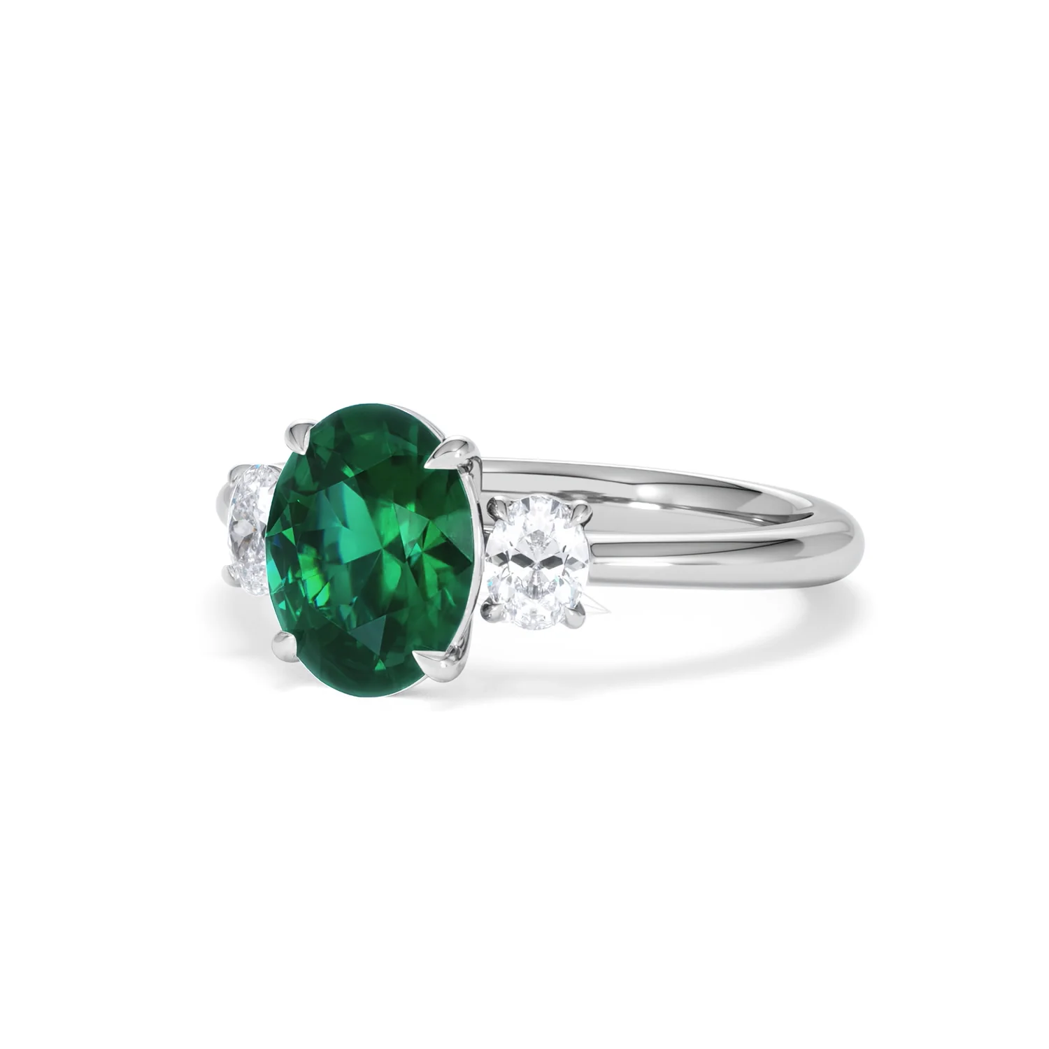 Solene 2.00ct Oval Cut Lab Emerald and Lab Diamond 3 Stone Engagement Ring in 18K White Gold - Image 83