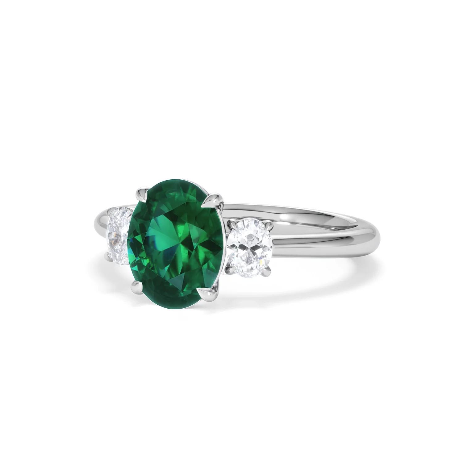 Solene 2.00ct Oval Cut Lab Emerald and Lab Diamond 3 Stone Engagement Ring in 18K White Gold - Image 84