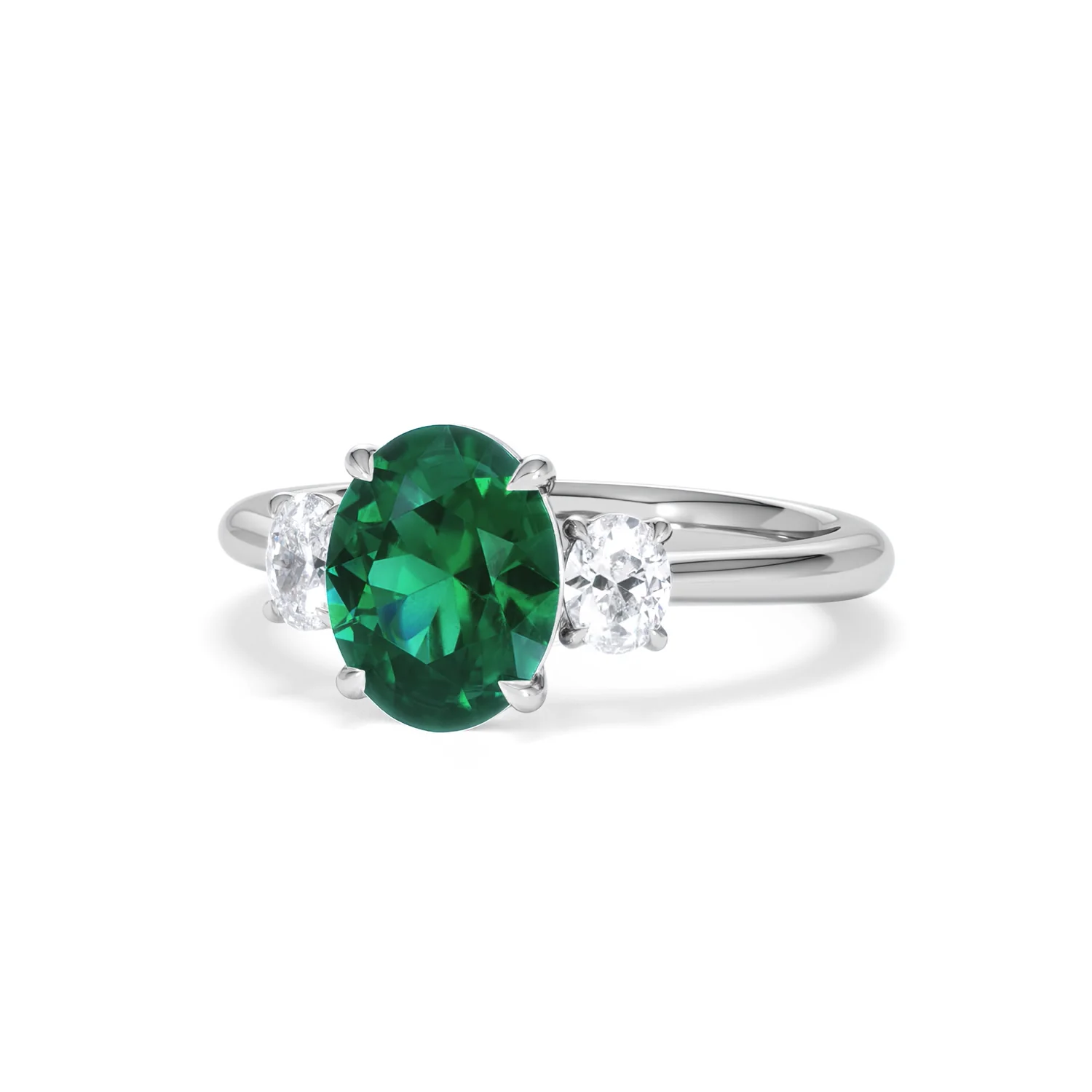 Solene 2.00ct Oval Cut Lab Emerald and Lab Diamond 3 Stone Engagement Ring in 18K White Gold - Image 85