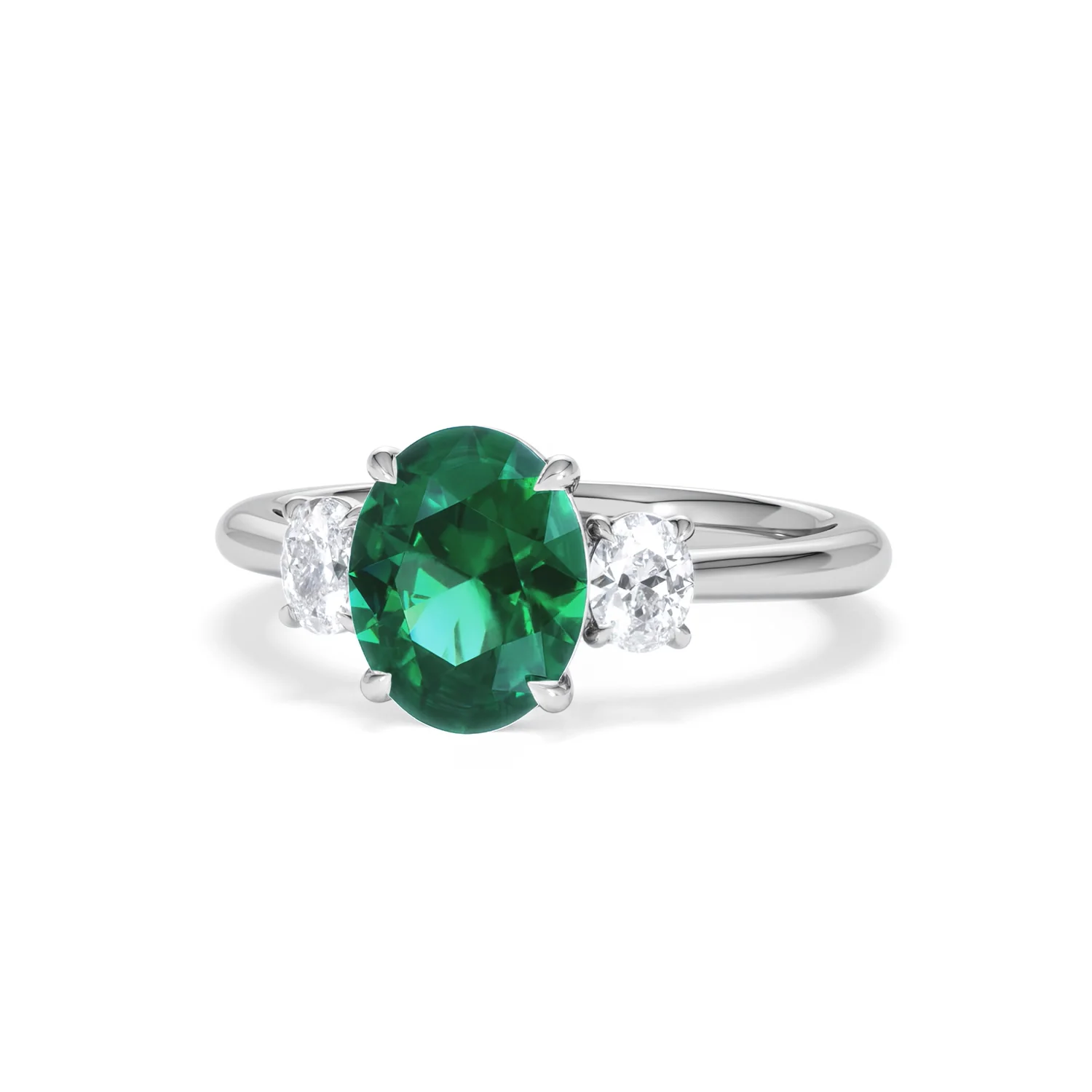 Solene 2.00ct Oval Cut Lab Emerald and Lab Diamond 3 Stone Engagement Ring in 18K White Gold - Image 86