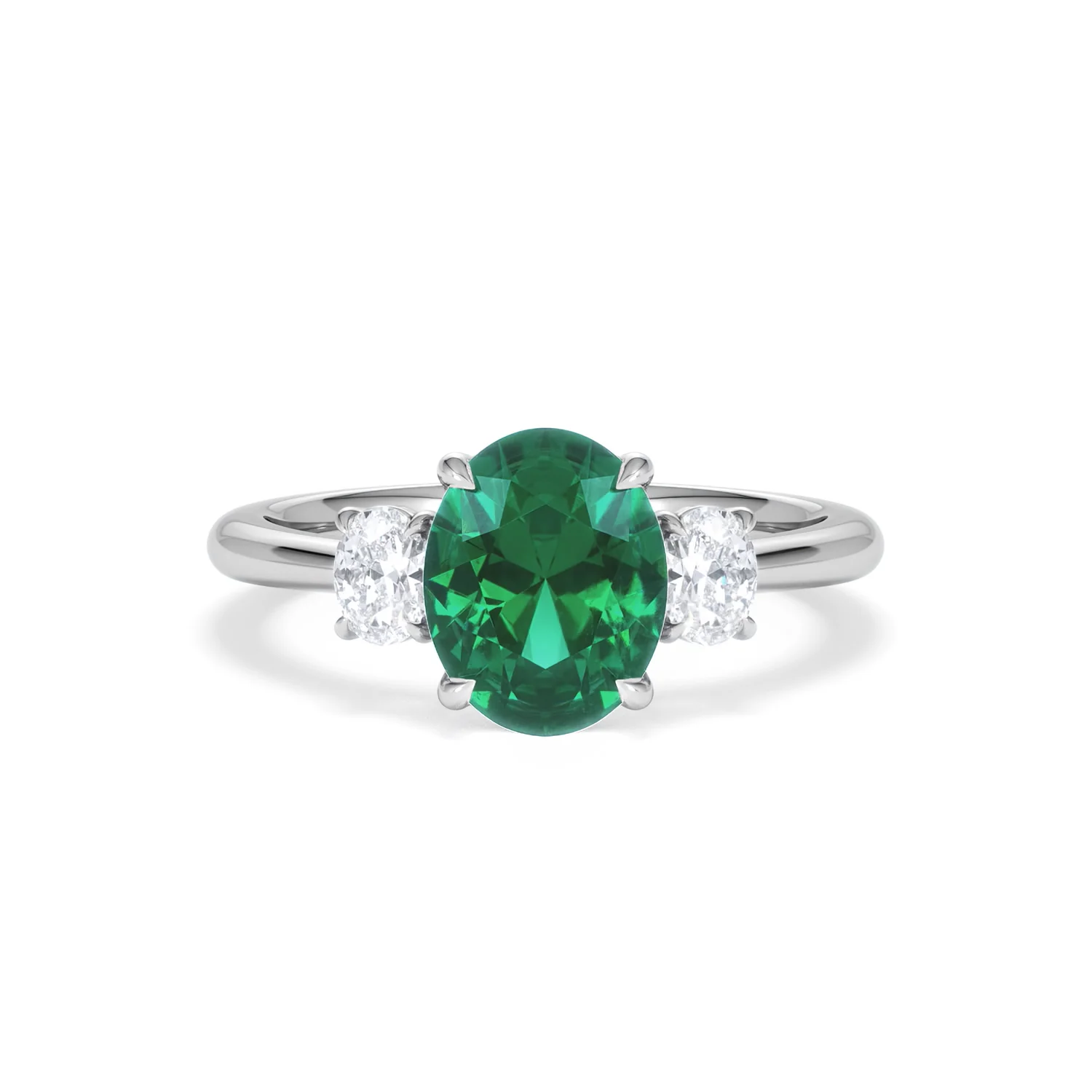 Solene 2.00ct Oval Cut Lab Emerald and Lab Diamond 3 Stone Engagement Ring in 18K White Gold - Image 9