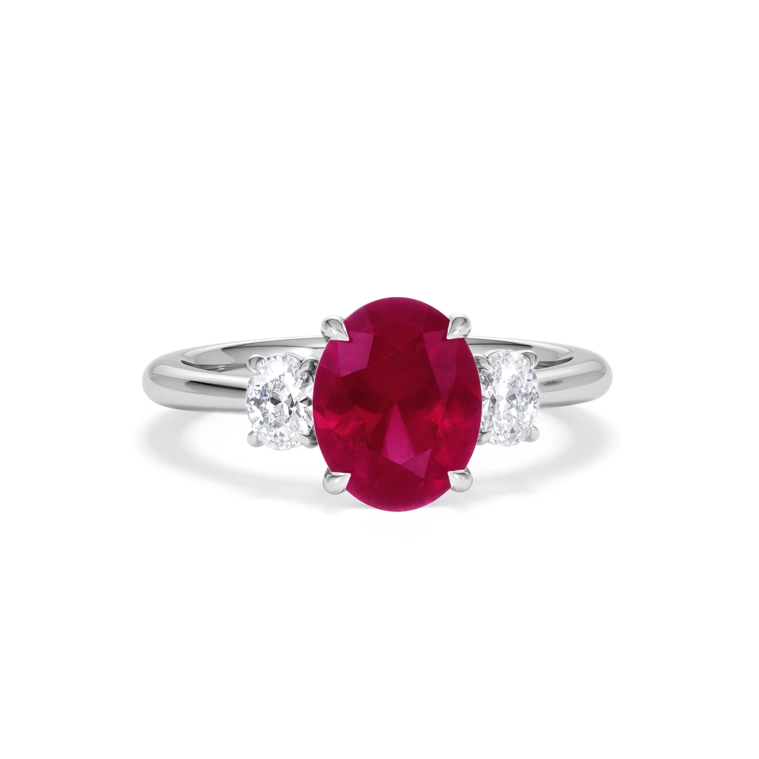 Solene 2.00ct Oval Cut Lab Ruby and Lab Diamond 3 Stone Engagement Ring in 18K White Gold - Image 10