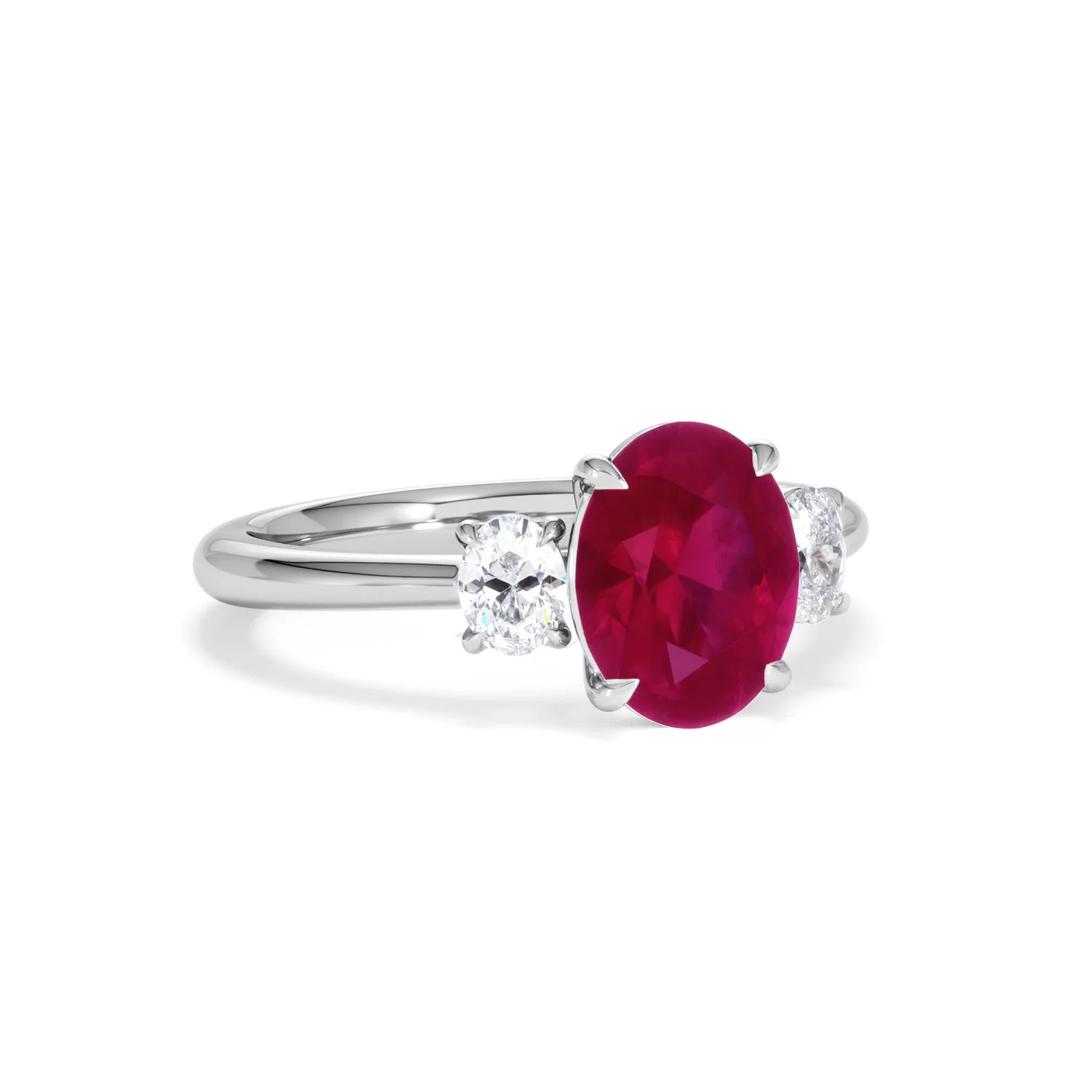 Solene 2.00ct Oval Cut Lab Ruby and Lab Diamond 3 Stone Engagement Ring in 18K White Gold - Image 14