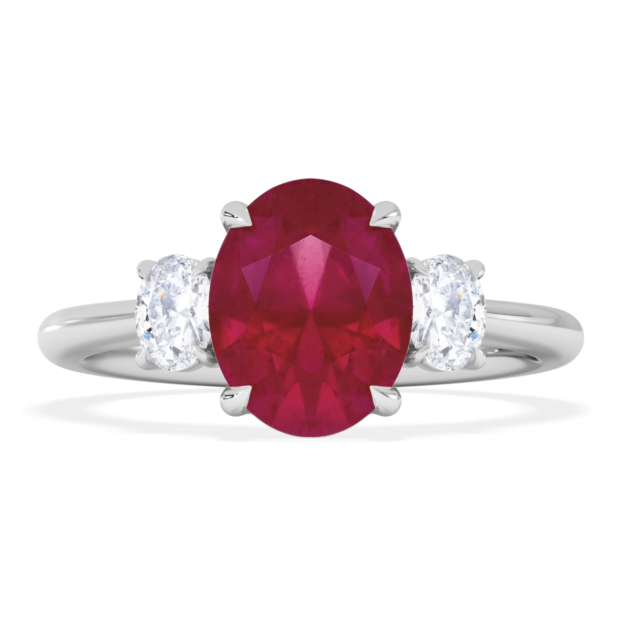 Solene 2.00ct Oval Cut Lab Ruby and Lab Diamond 3 Stone Engagement Ring in 18K White Gold - Image 3