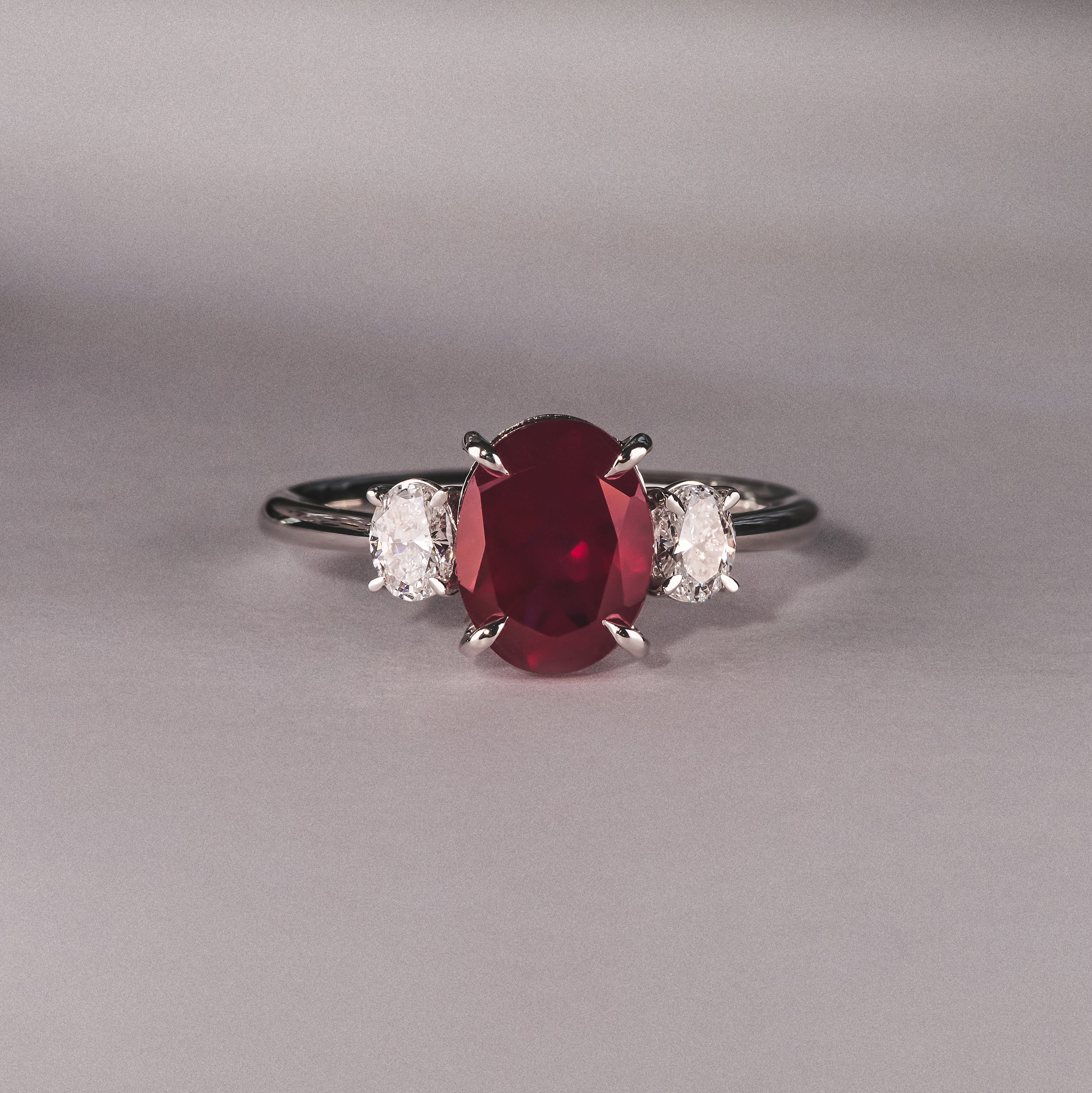 Solene 2.00ct Oval Cut Lab Ruby and Lab Diamond 3 Stone Engagement Ring in 18K White Gold - Image 6